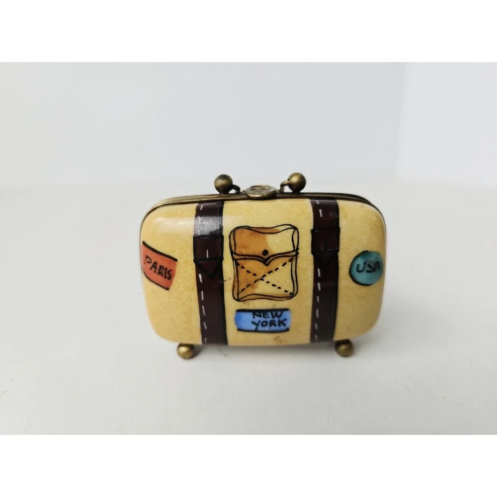 Limoges France trinket box suitcase travel bag luggage Paris New York